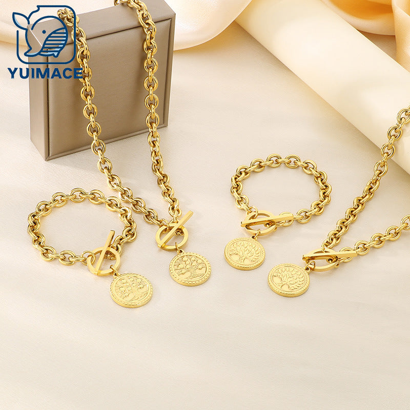 European and American fashion personalized retro portrait tree round brand stainless steel pendant chain high-end temperament set jewelry