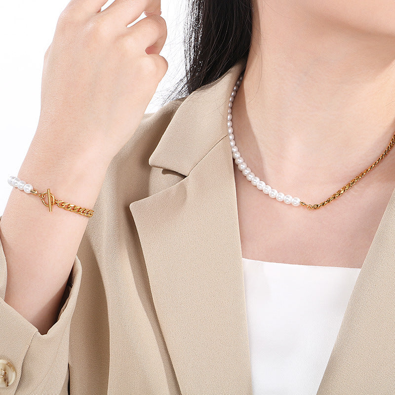Pearl & Chain Toggle Necklace and Bracelet Set