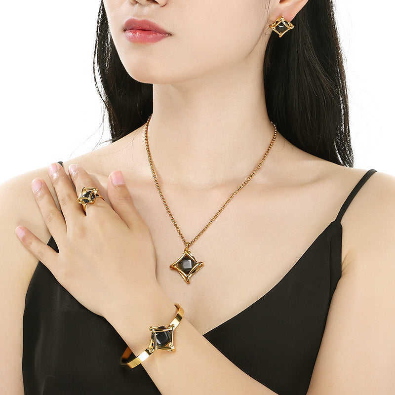 Europe and the United States cross-border new geometric rhombus inlaid stone stainless steel set, high-end light luxury jewelry four-piece set