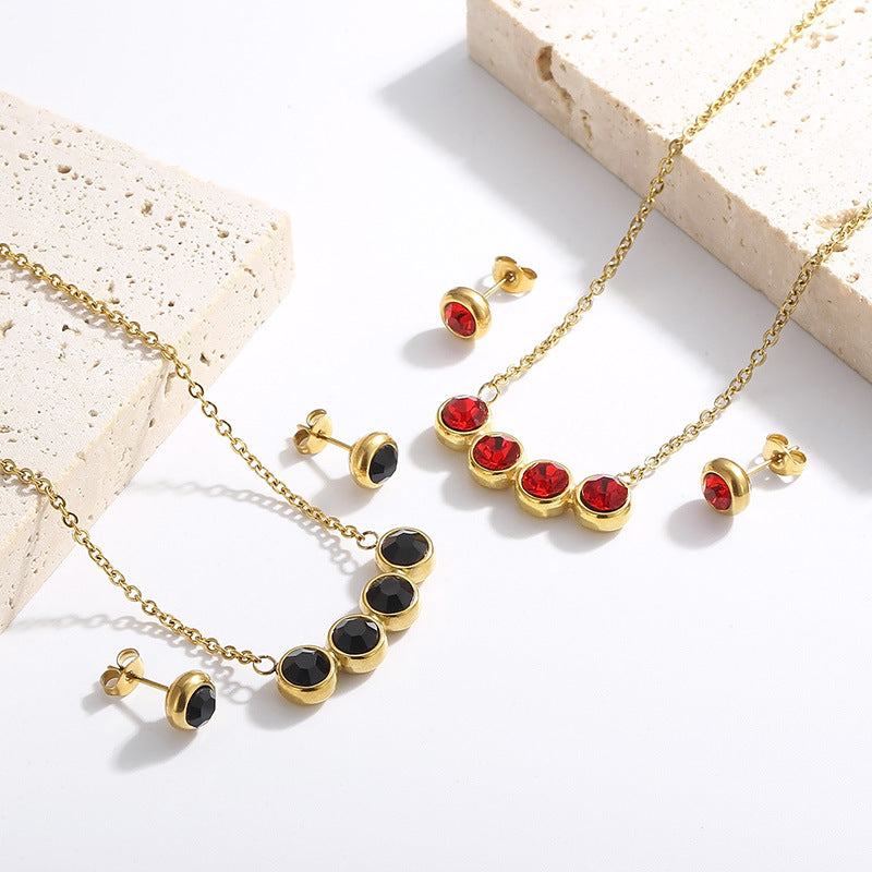 Cross-border popular set jewelry, stainless steel girls short rhinestone collarbone chain hip-hop necklace stud earrings two-piece set