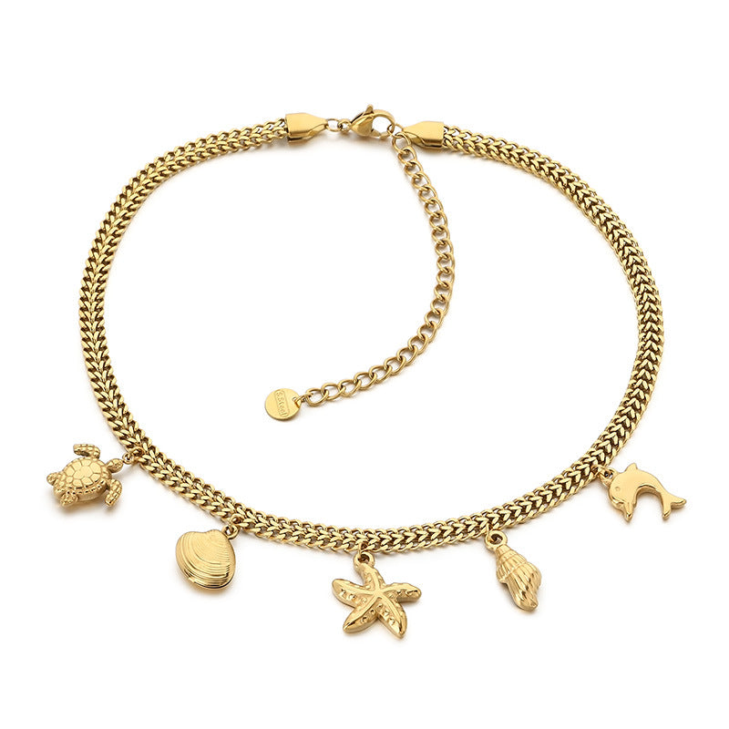 European and American cross-border niche personality 18K gold stainless steel double-layer side chain necklace female ocean wind versatile collarbone chain