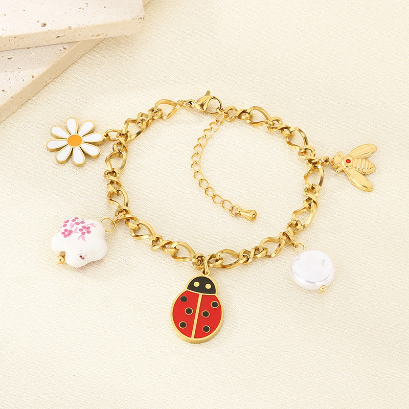 New fashion cartoon stainless steel pastoral style drip oil insect bee ladybug pendant bracelet chain accessories