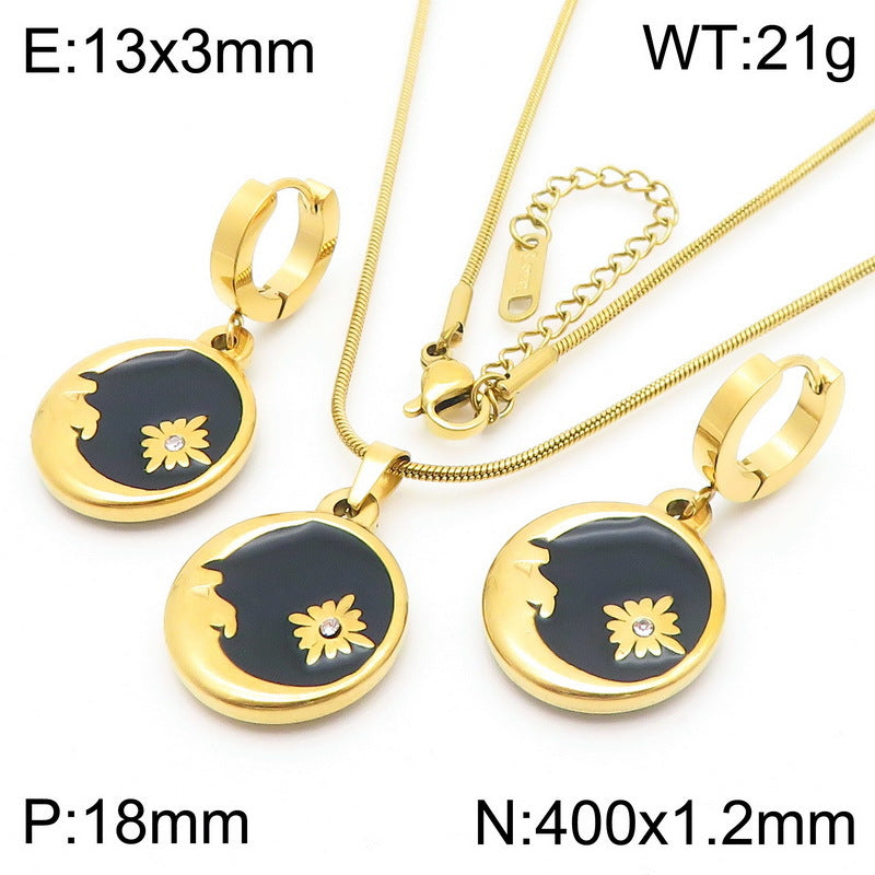 Cross-border fashion pattern butterfly rose pendant three-dimensional stainless steel collarbone chain black and white round drop ear buckle set