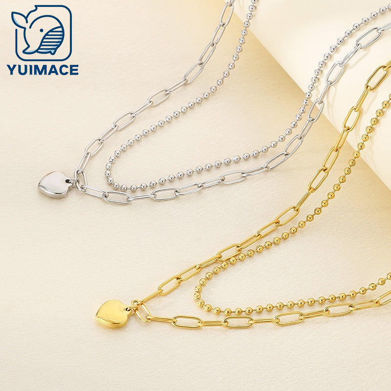 Cold wind personality double-layer stainless steel love necklace temperament versatile peach heart pearl stainless steel collarbone chain