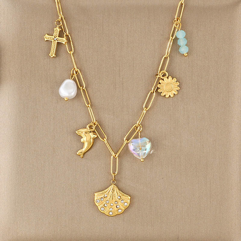 Gold Layered Charm Necklace with Pearl & Symbol Pendants