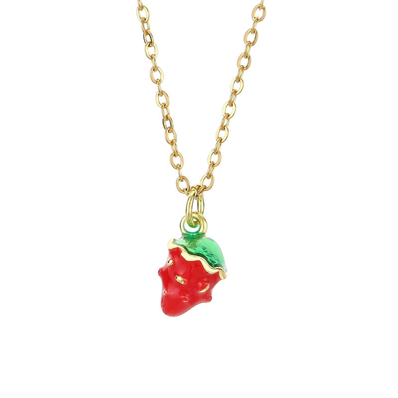 Mini Enamel Strawberry Charm Gold Necklace