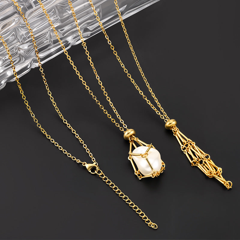 European and American cross-border stainless steel high-end bamboo necklace woven mesh pocket adjustment chain pendant mesh pocket halterneck jewelry