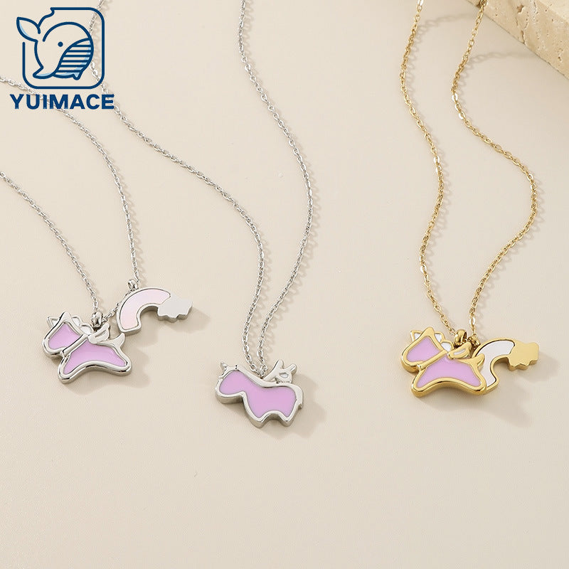 Creative cartoon design dripping rainbow unicorn titanium steel necklace female collarbone chain fashion pendant spot jewelry