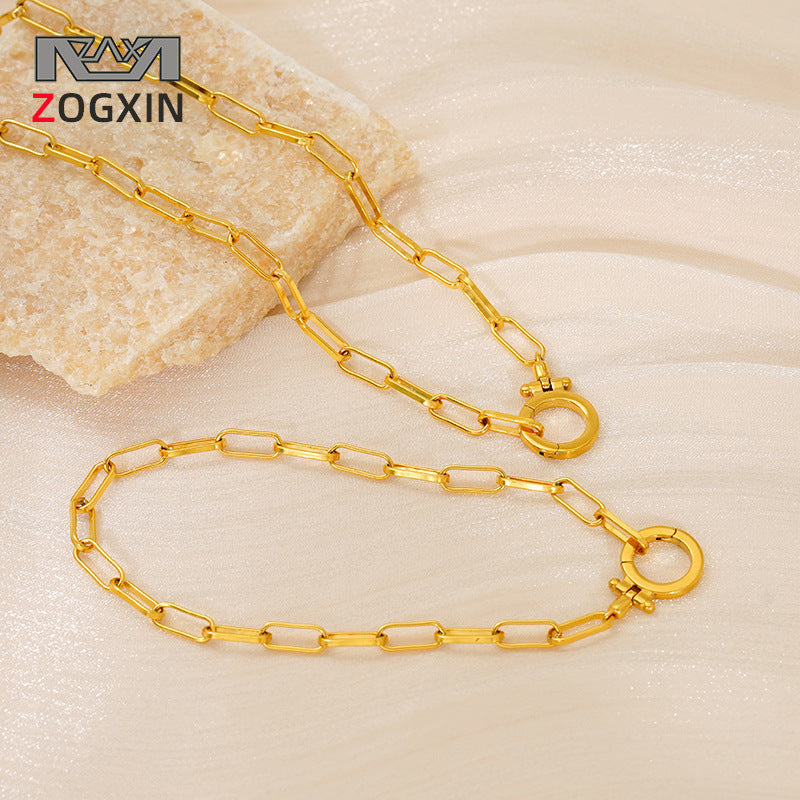 European and American ins style simple and atmospheric stainless steel necklace fashion niche paper clip bracelet 18k gold set