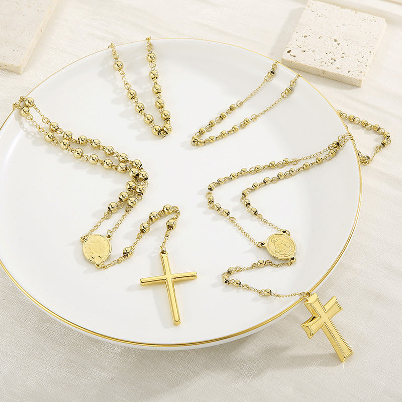 Cross-border European and American ins stainless steel niche design cross retro round bead necklace titanium steel collarbone chain necklace decoration women