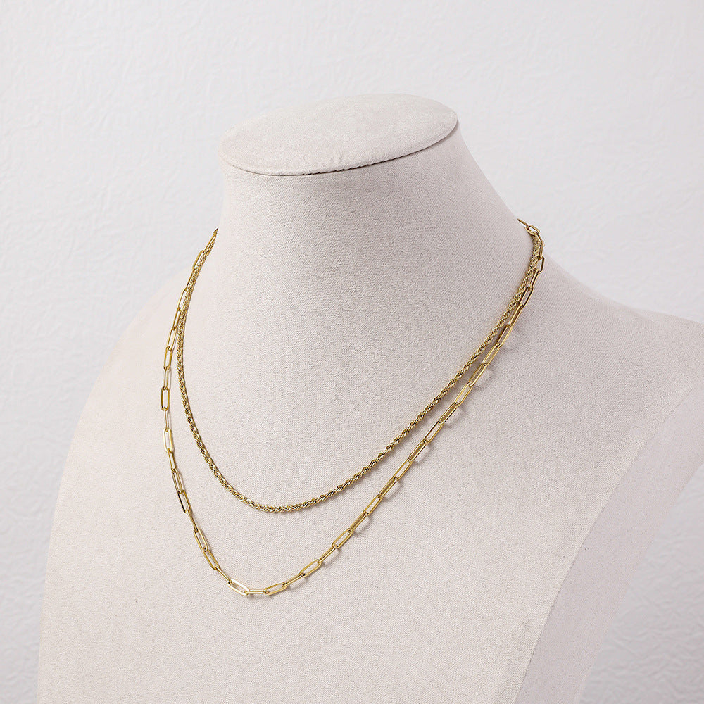 Cross-border hot-selling stainless steel double-layer necklace twist chain long cross chain titanium steel necklace vacuum-plated 18K collarbone chain