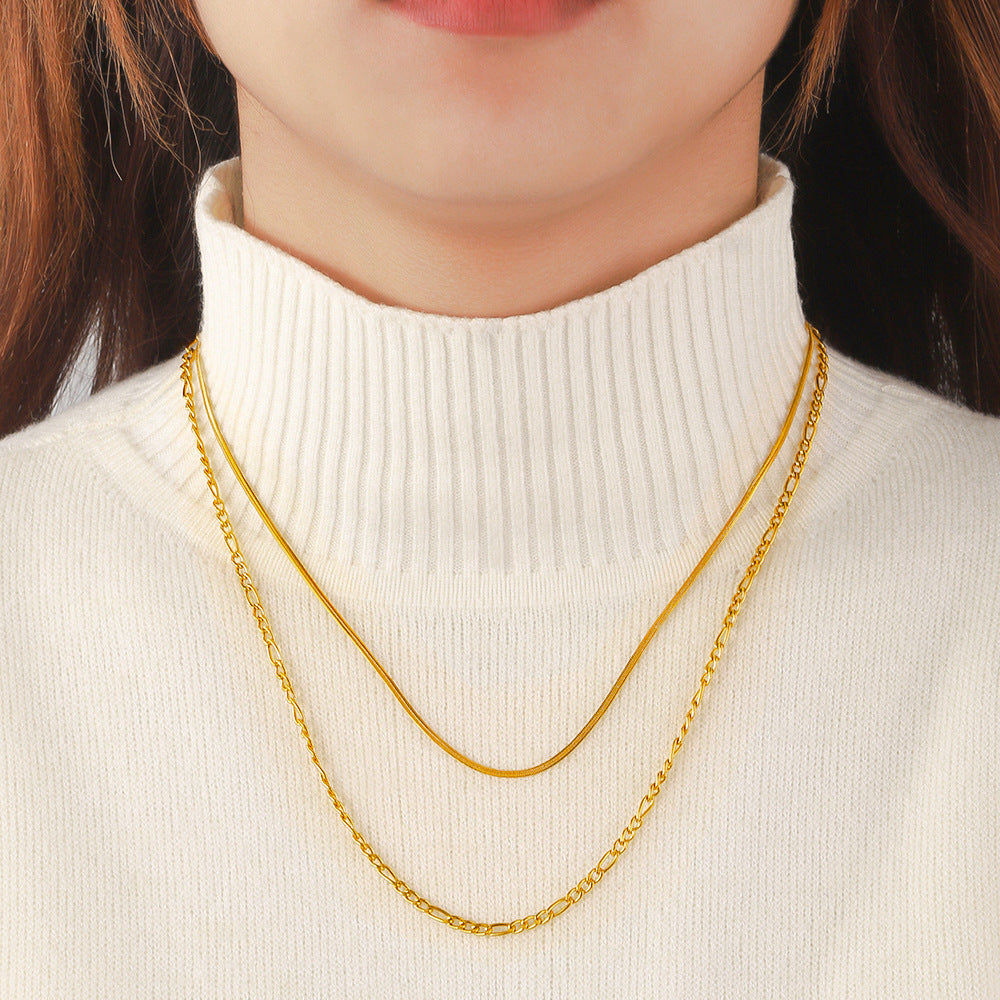 European and American cross-border stainless steel double-layer necklace plated with 18K real gold push-tight chain Figaro chain Titanium steel necklace collarbone chain