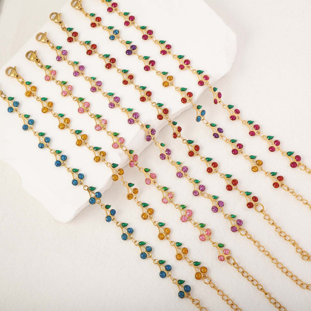 European and American cute full cherry pendant bracelet, dopamine jewelry personalized fruit series stainless steel Christmas accessories