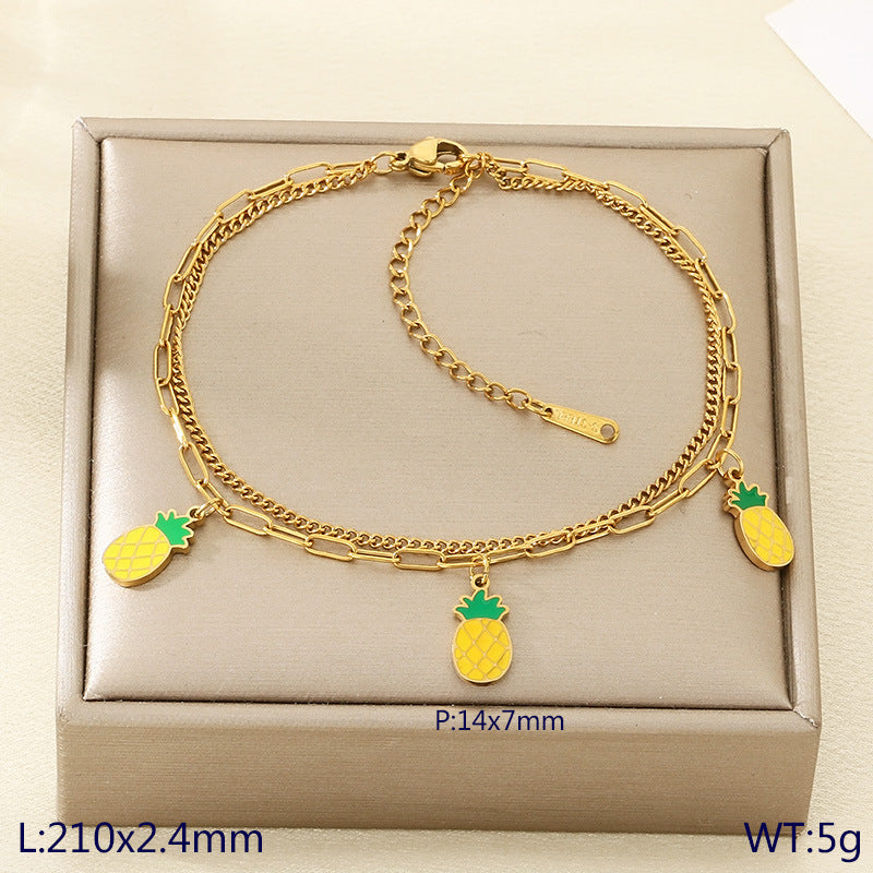 New fresh and sweet fruit series cherry strawberry apple dragon fruit pendant stainless steel double layer stacked anklet