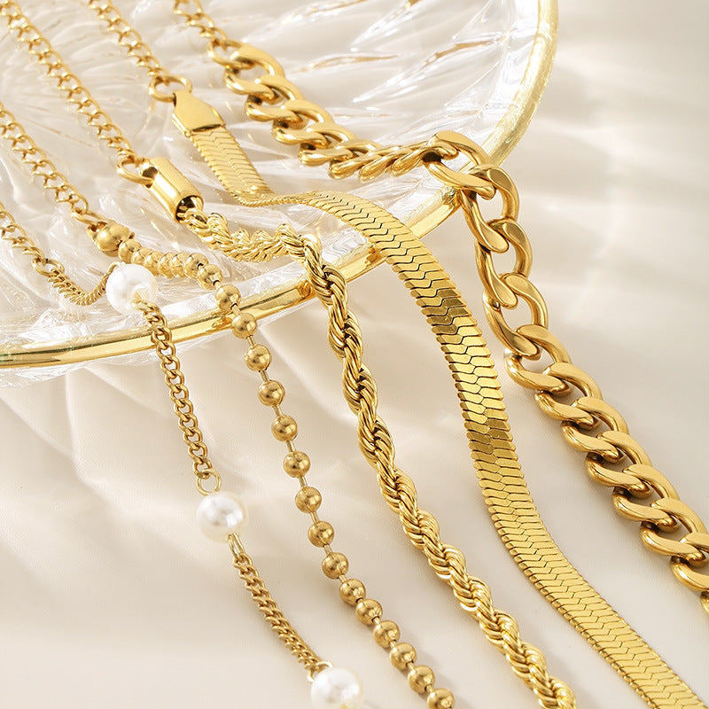 New creative and simple flat pearl flat snake twist chain round bead chain bracelet five-piece stacked bracelet jewelry