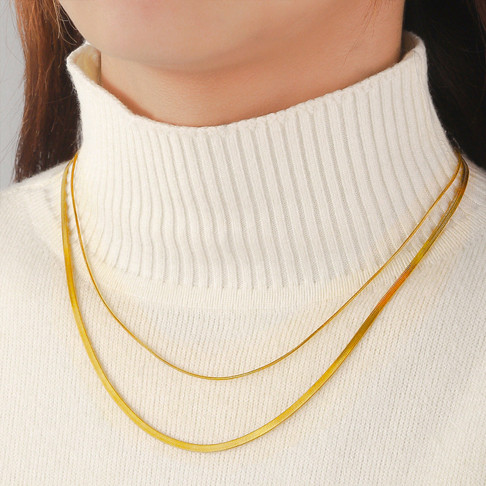 Cross-border hot-selling double-layer stacked blades plus round snake necklace plated with 18k gold titanium steel plain chain light luxury niche collarbone chain