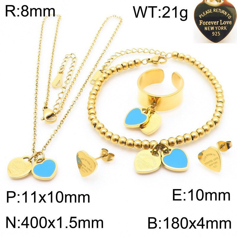 Gold Heart Charm Jewelry Set with Green Enamel Pendant