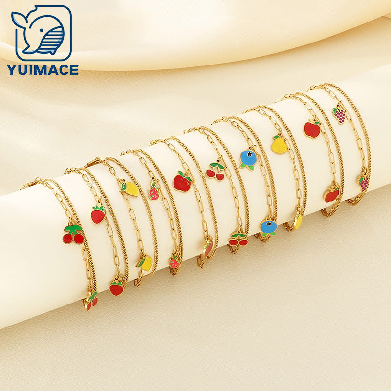New fresh and sweet fruit series cherry strawberry apple dragon fruit pendant stainless steel double layer stacked anklet