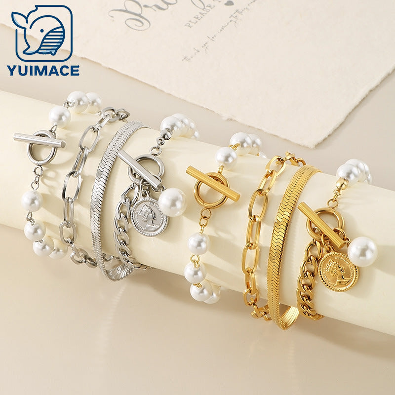 ins Pearl Beaded Flat Snake Chain Bracelet Stainless Steel Multi-layer Stacked Pearl Splicing Chain Premium Titanium Steel Jewelry