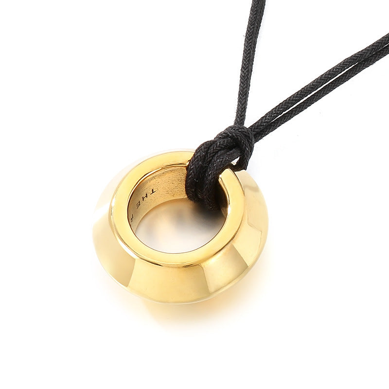 Cross-border retro hollow stainless steel ring pendant leather rope neck chain adjustable length necklace unisex necklace