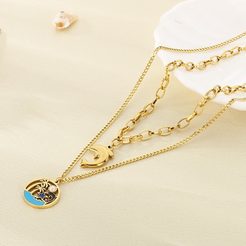 European and American Ocean Wind Coconut Tree Round Brand Necklace Women's Hollow Pearl Turquoise Stainless Steel Starfish Double Clavicle Chain