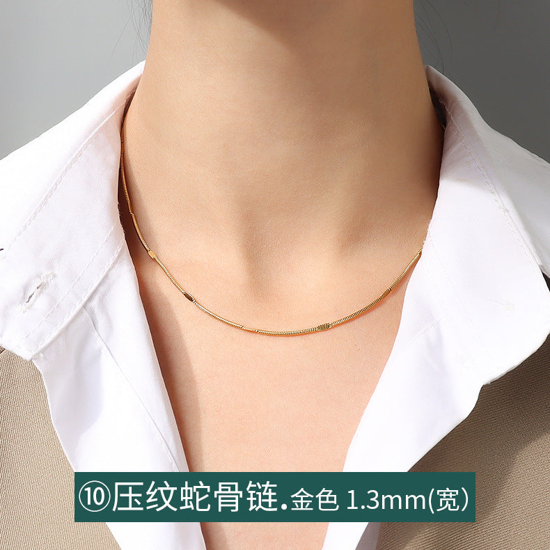 Cross chain, snake bone chain, twist chain, box chain, variety necklace, women's titanium steel plated 18K gold plain chain, clavicle chain jewelry