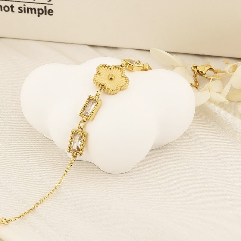 Cross-border fashion high-end sense light luxury design temperament versatile rectangular connection butterfly flower diamond-encrusted stainless steel bracelet