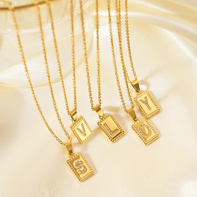European and American cross-border high-end letter square pendant 18k gold inlaid zirconium letter pendant stainless steel necklace pendant female