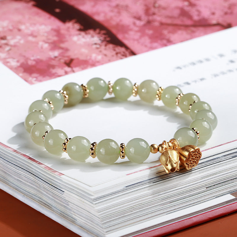 天然8MM和田玉圆珠单圈手链S925银镀金隔片两世欢手串