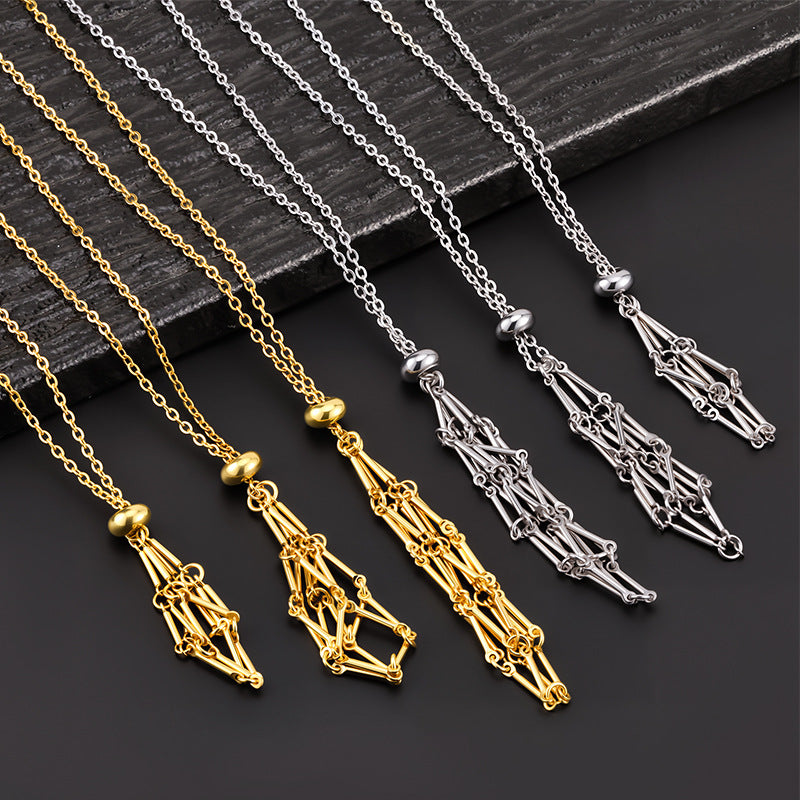 European and American cross-border stainless steel high-end bamboo necklace woven mesh pocket adjustment chain pendant mesh pocket halterneck jewelry