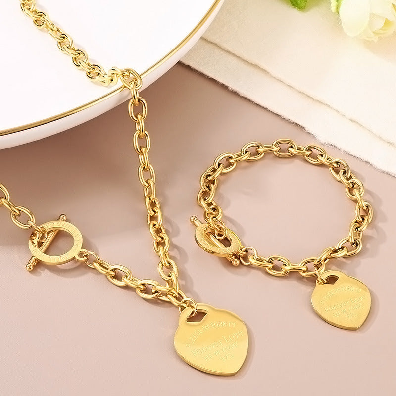 Gold Heart Charm Jewelry Set with Green Enamel Pendant