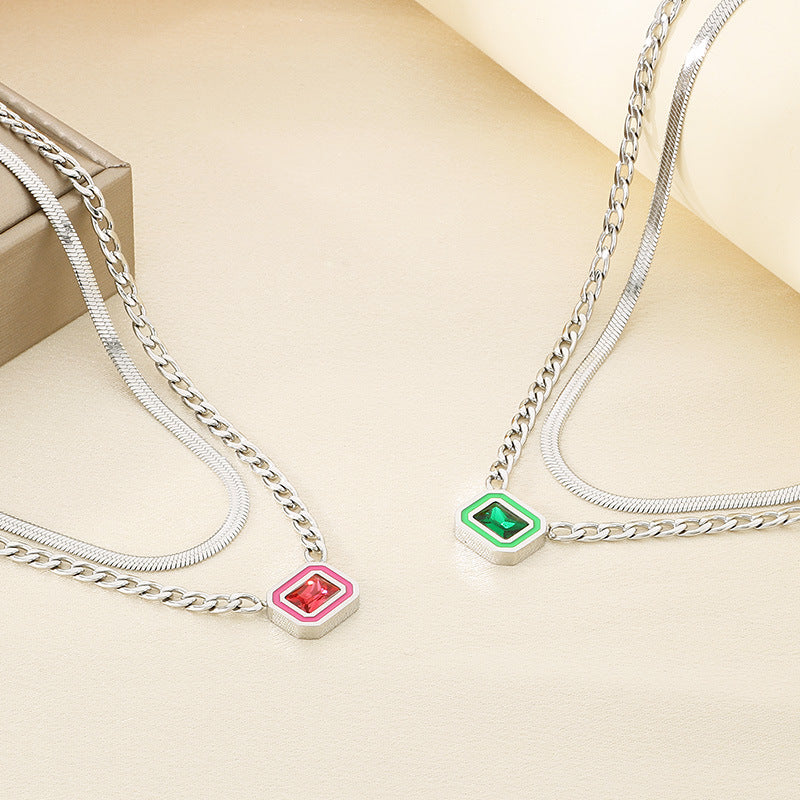 Gold Layered Chain Necklace with Square Gem Pendant