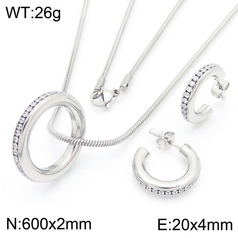 Cross-border fashion personality with diamond-set c-shaped pendant set ins temperament stacking chain titanium steel necklace earrings ring