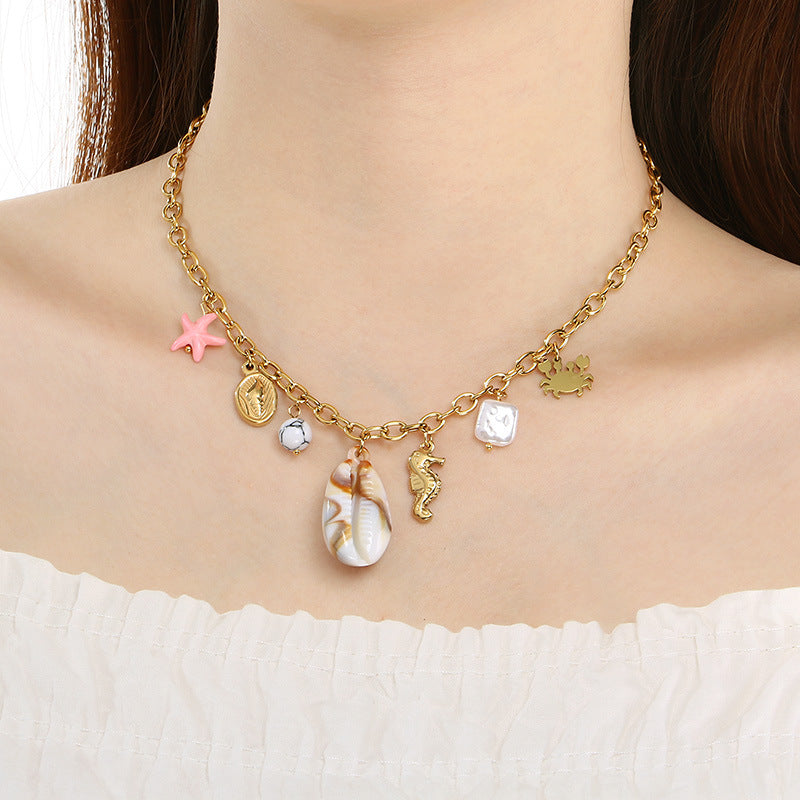 Cross-border fashion seaside beach wind stainless steel seahorse crab conch pendant chain collarbone chain necklace accessories