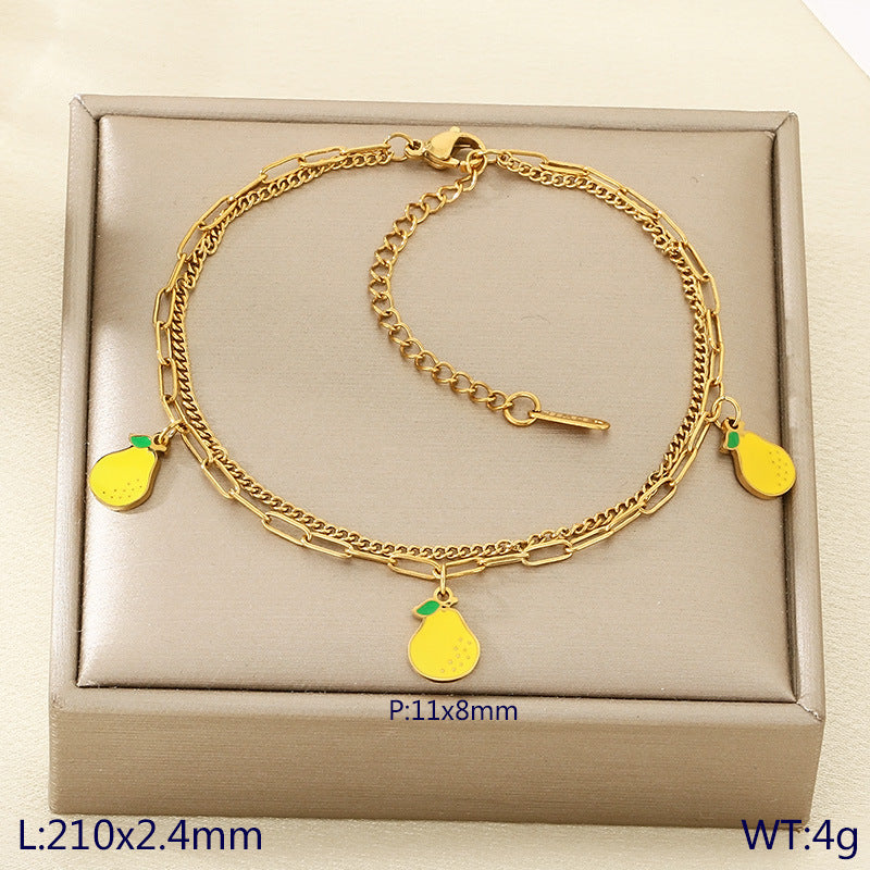 New fresh and sweet fruit series cherry strawberry apple dragon fruit pendant stainless steel double layer stacked anklet