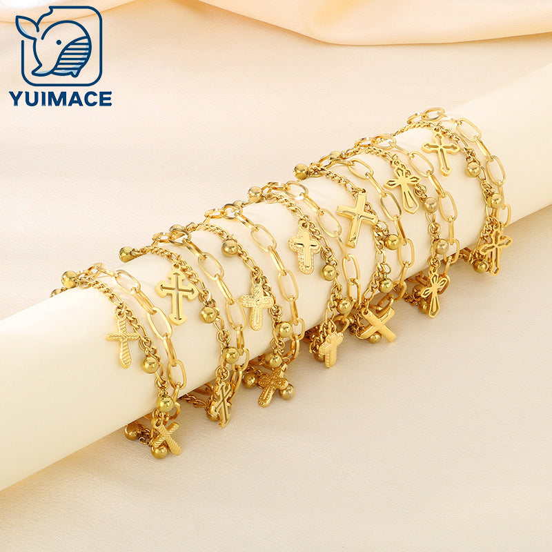 Simple and versatile ins wind double-layer stacked chain cross pendant stainless steel bracelet titanium steel jewelry