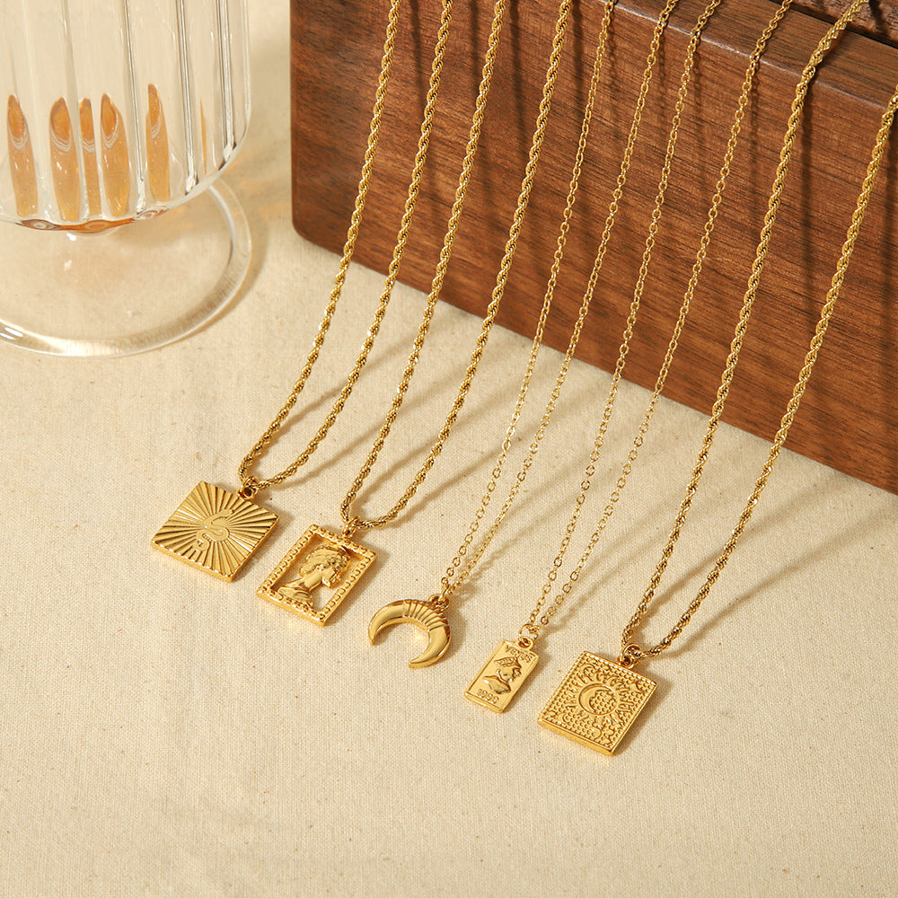 Cross-border new product French retro design 18K gold-plated stainless steel square brand sun pendant fashion temperament necklace women