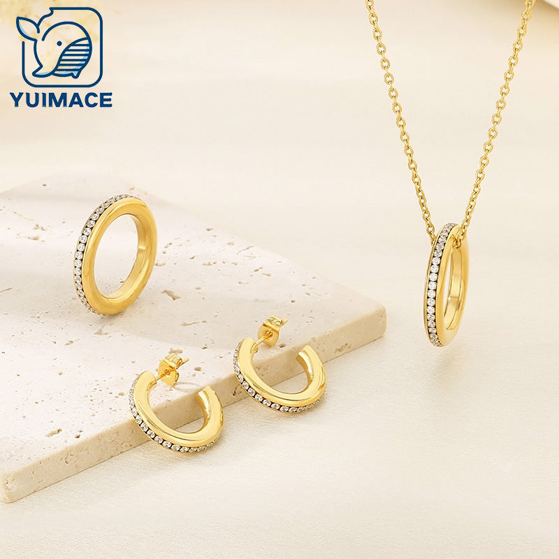 Cross-border fashion personality with diamond-set c-shaped pendant set ins temperament stacking chain titanium steel necklace earrings ring