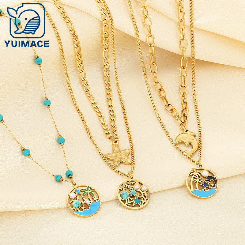 European and American Ocean Wind Coconut Tree Round Brand Necklace Women's Hollow Pearl Turquoise Stainless Steel Starfish Double Clavicle Chain