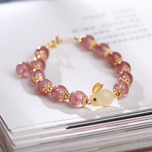 天然8MM草莓晶玉兔手链女桃花朵朵开小兔子本命年生肖水晶手链