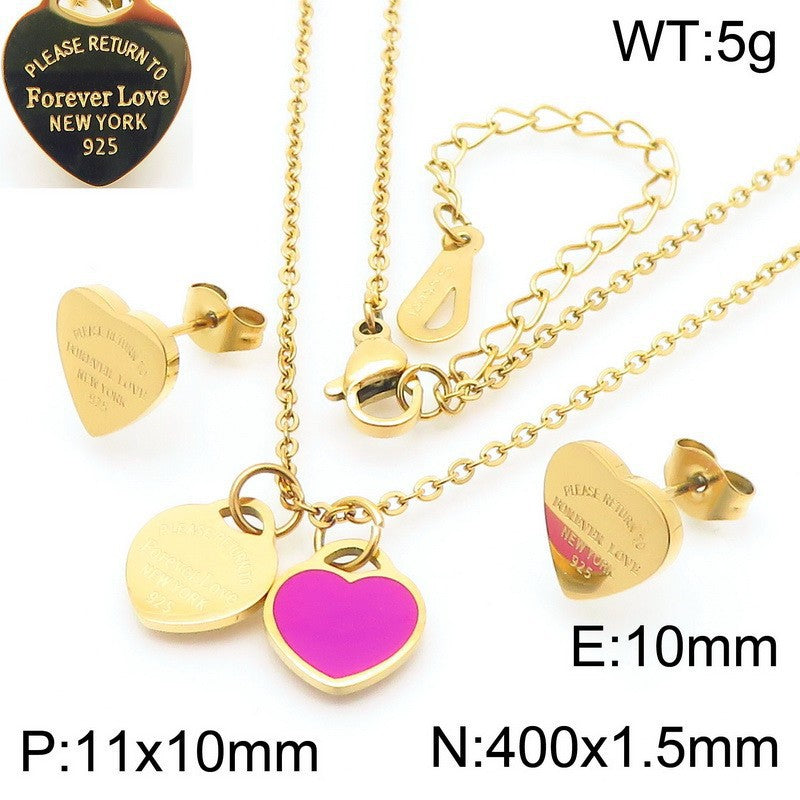 Gold Heart Charm Jewelry Set with Green Enamel Pendant