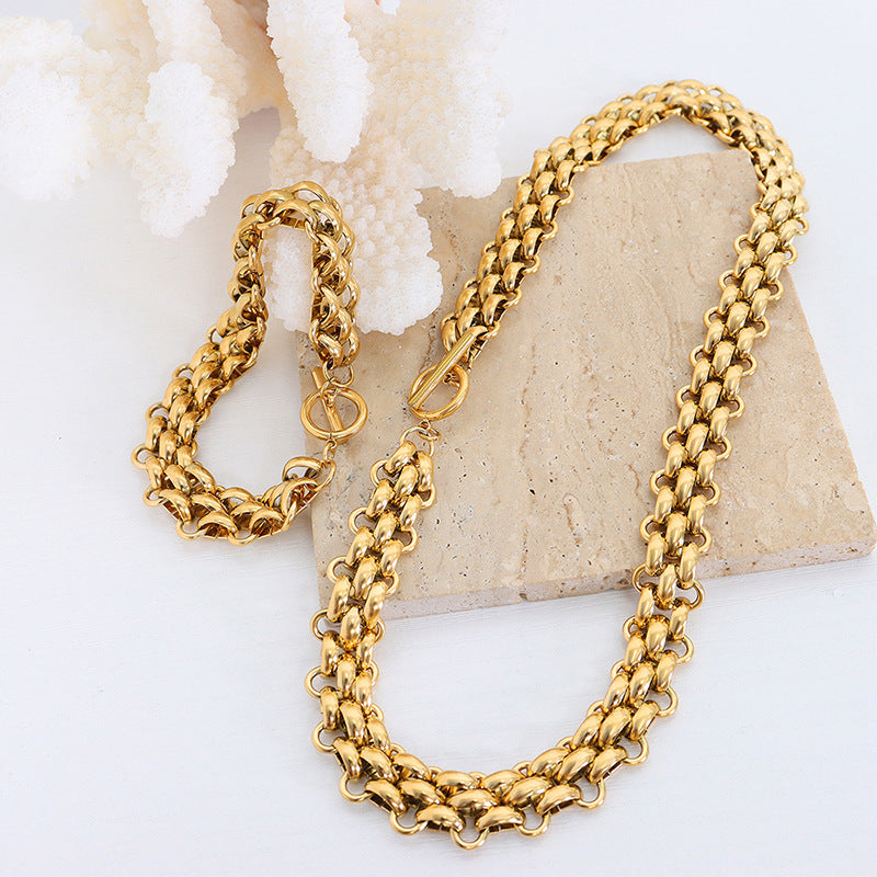 Cold wind exaggerated trendy temperament jewelry set buckle design thick chain personalized necklace versatile gold-plated bracelet