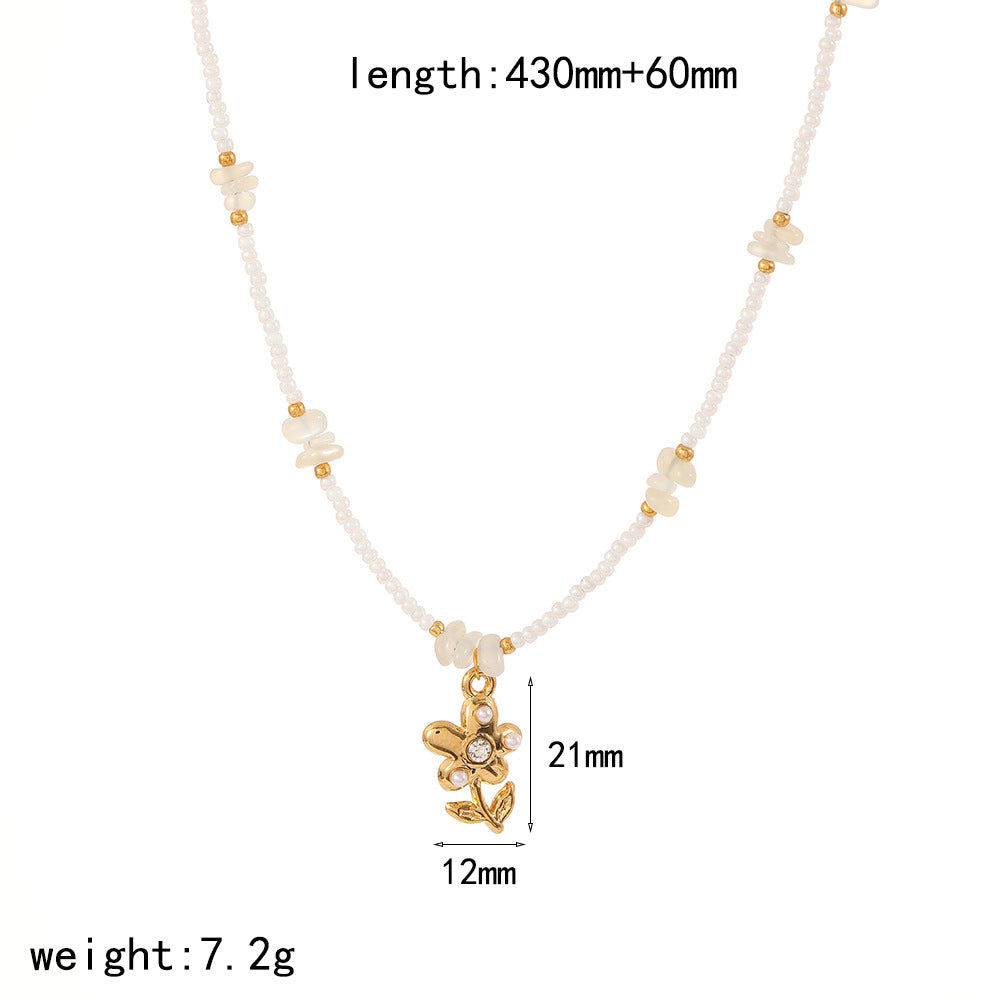 Gold Rose Charm Natural Stone Bead Pendant Necklace