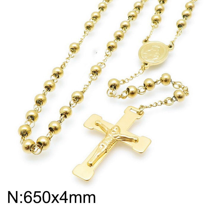 Cross-border titanium steel jewelry, stainless steel rosary necklace cross gold-plated 18K round bead cross necklace men's and women's jewelry