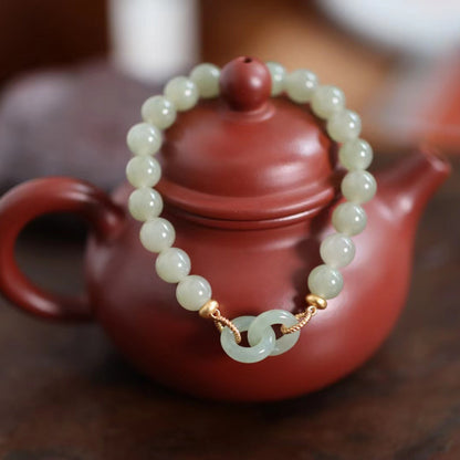 天然8MM和田玉圆珠单圈手链S925银镀金隔片两世欢手串