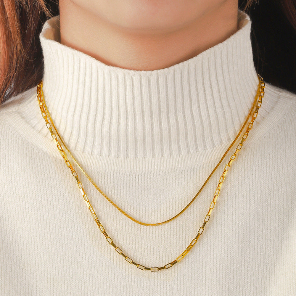 European and American cross-border stainless steel double necklace square snake chain long box chain women's niche design 18K titanium steel necklace