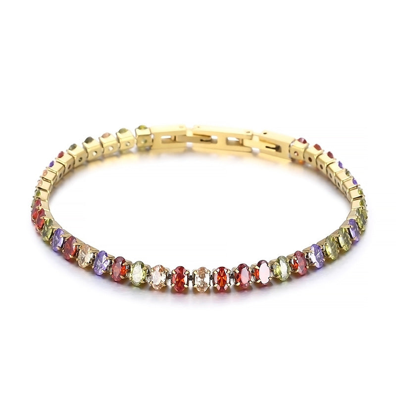 Light luxury Mori series simple and versatile color zircon bracelet female, fashionable titanium steel square chain splicing full diamond bracelet