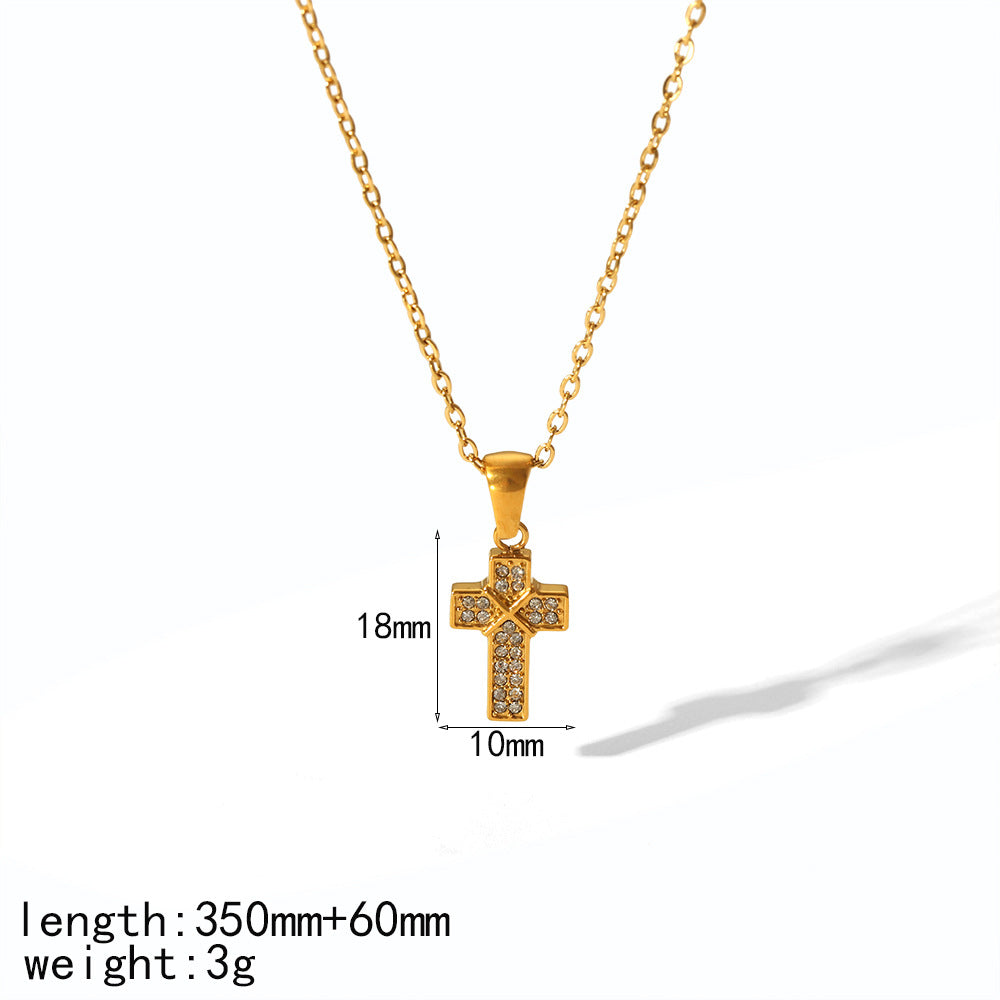 Cross-border new full diamond cross necklace European and American fashion temperament versatile stainless steel necklace collarbone chain jewelry