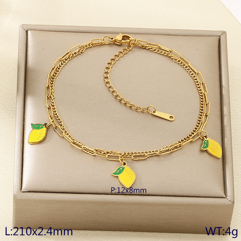 New fresh and sweet fruit series cherry strawberry apple dragon fruit pendant stainless steel double layer stacked anklet