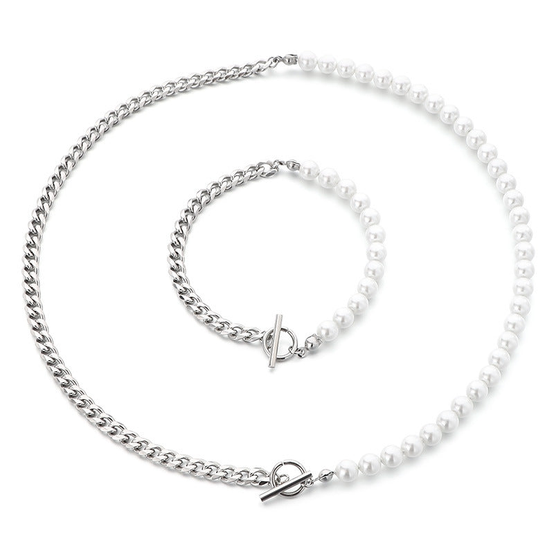 Pearl & Chain Toggle Necklace and Bracelet Set